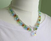 Blue Green Crystal Necklace:Swarovski Crystal Statement Collar Necklace aquamarine,peridot copper,designer fashion jewelry