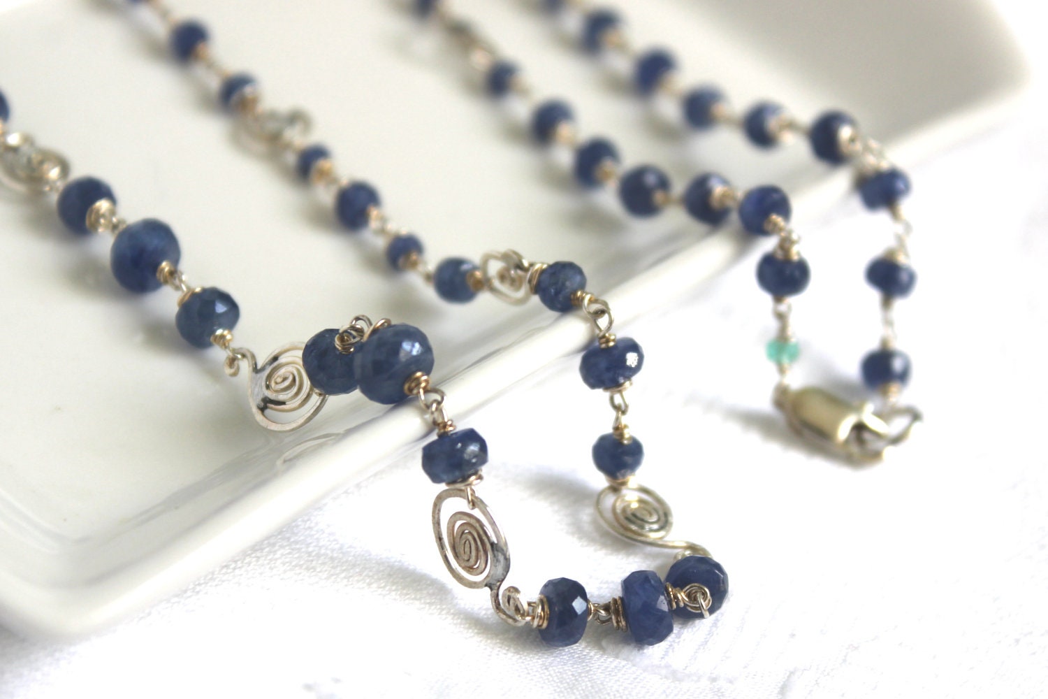 Blue Sapphire Necklace:Sterling Silver Hand Wire Wrapped Sapphire Wrap Necklace With Scroll's