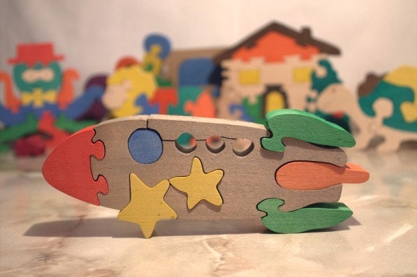 Puzzle Rocket. Handmade wooden puzzle game. Handmade colorful kids toy. Wooden ecofriendly toys for babies, children, kids