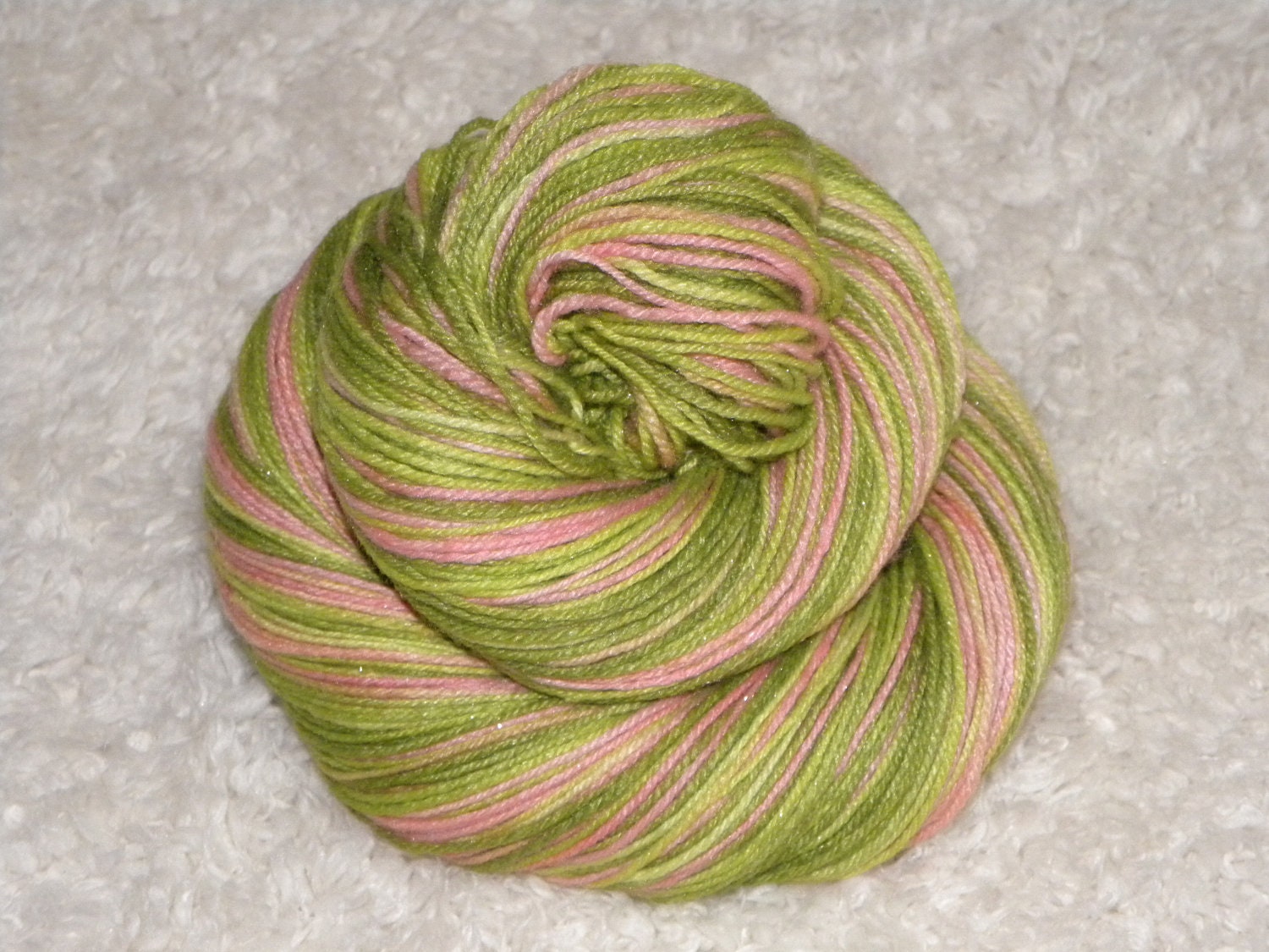 Sparkly Hand dyed yarn, Fingering/Sock weight, Superwash Merino Wool/ Silk/ Nylon/ Silver Poly, 420 yards/100g- 'Tinkerbell'