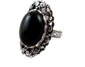 Black Onyx Stone Ring - Antique Silver Plated Victorian - Adjustable Size Band - Soldered, Unisex