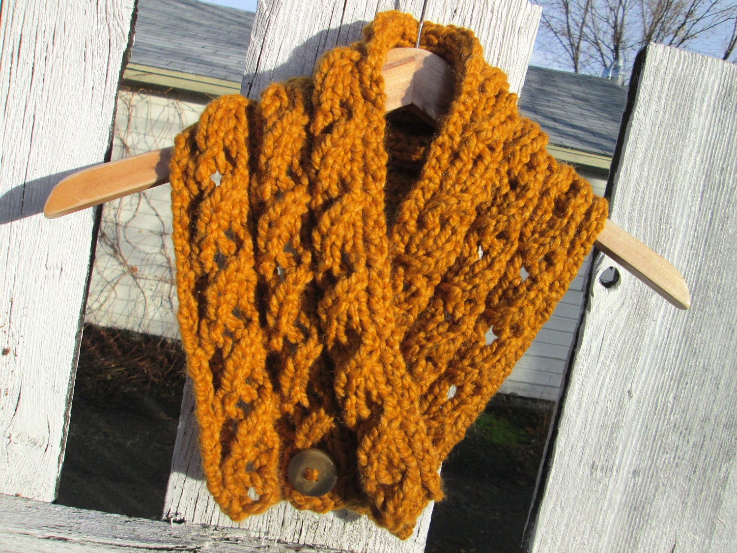SALE - Chunky Butterscotch Yellow Hand Knit Cowl Scarf with Button