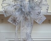 Silver Christmas Bow Christmas Wreath Bows Ornament Bows Silver Snowflakes Wedding Pew Ornament Gift Wraps Christmas Tree Bow - 9"