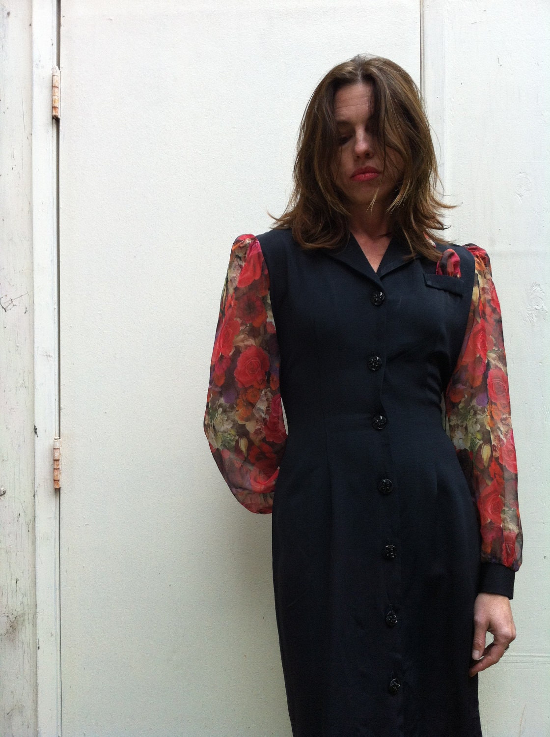 1980s fitted dress with sheer floral sleeves