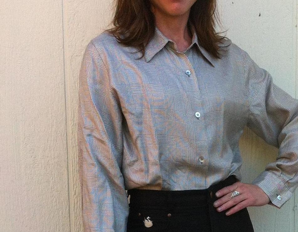 1980s menswear preppy plaid button up blouse