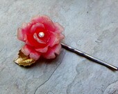 Vintage Spring Salmon Pink Rose 30-40's Bobby Pin