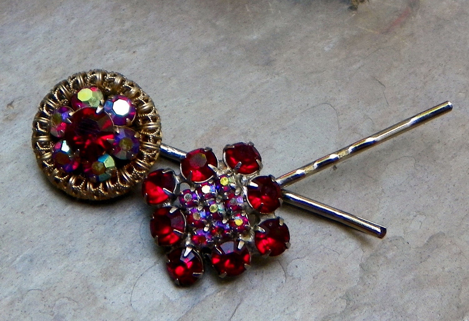 Vintage Red Ruby AB Rhinestone Bobby Pins, W Germany Czech