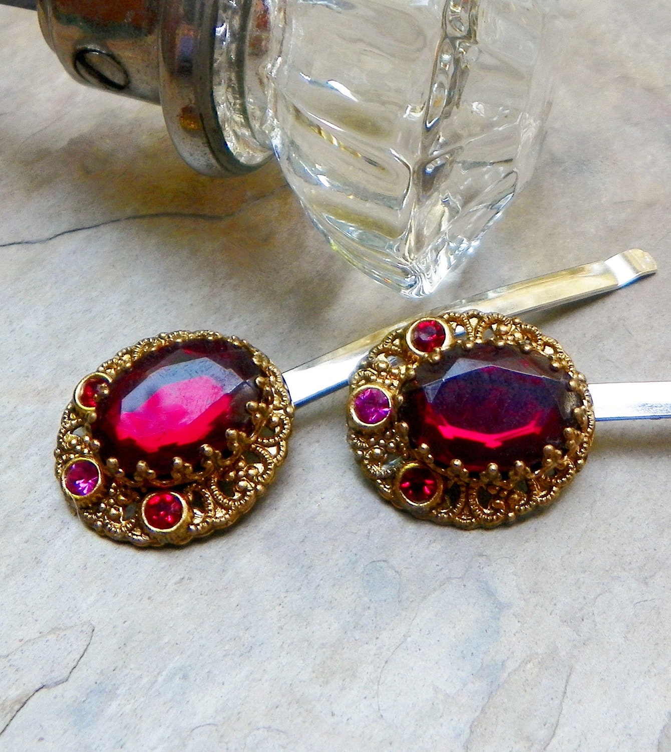 reserved for anna ~ Decorative Vintage Hair Red Bridal Holiday Bobby Pins, West Germany WWII