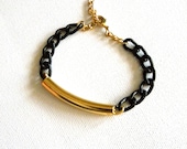 Luxe Black & Gold Macaroni Charm Bracelet - Curved Tube Bead with Chunky Black Metal Chain