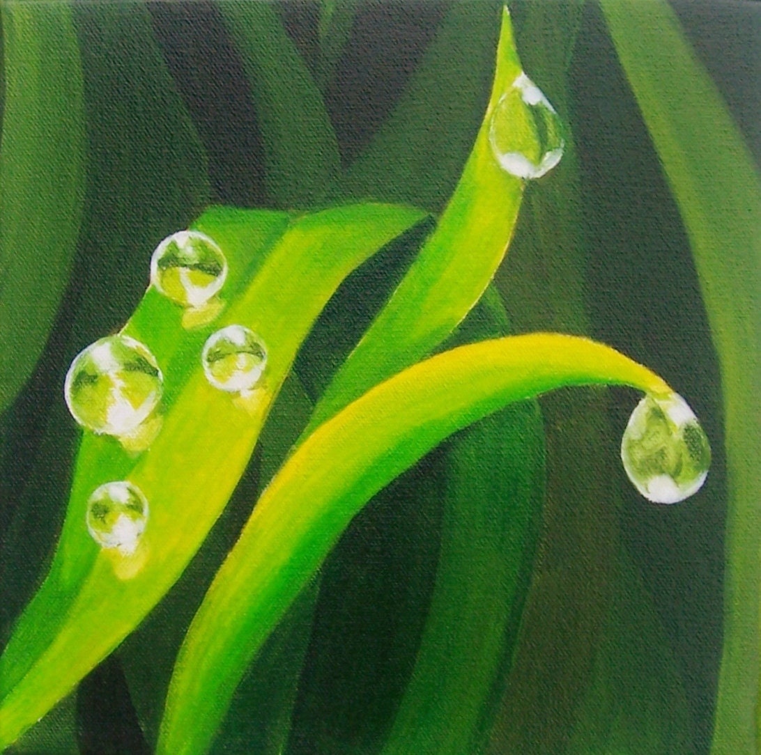 Original Nature Painting Dewdrops on Grass. by ABFoleyArtworks