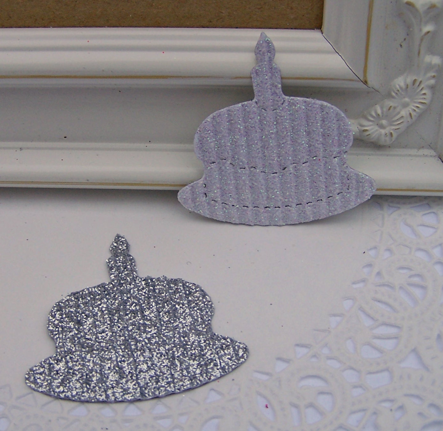 Glitter vintage birthday cake- silver - white QTY 12 -  Birthday -Embellishment, Gift Wrap, Packaging, Decor, Scrapbooking