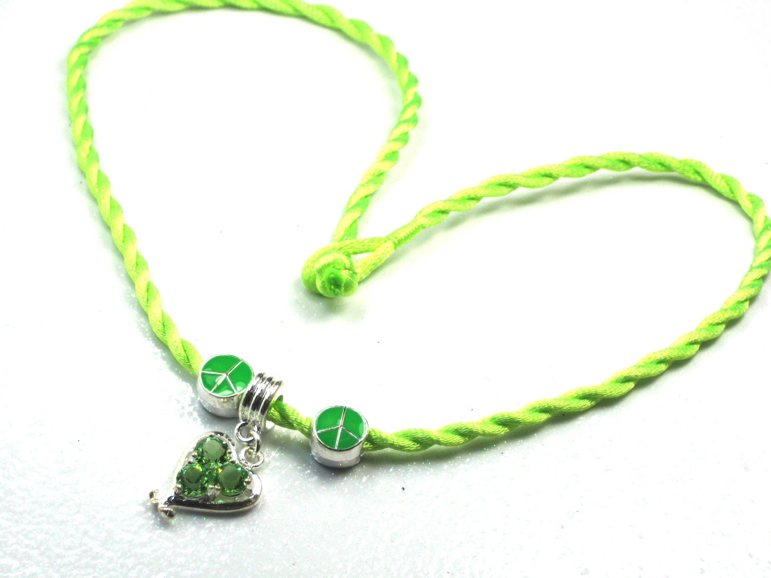 Green Crystal Heart Charm Necklace Pendant Neon Green Twisted Cord Necklace Green Enamel Peace sign Green Crystal Heart Dangle Charm