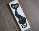 Mid Century Cat Wall Hanging with Wooden Frame