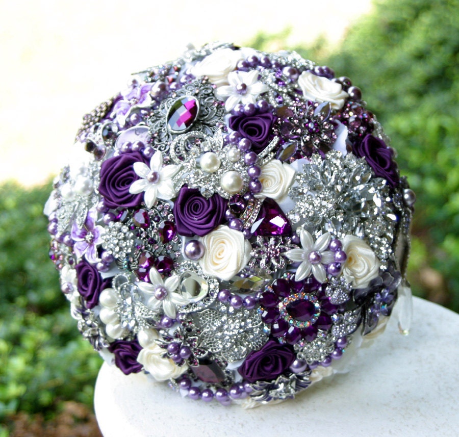 Purple Wedding Brooch Bouquet. Deposit on made to order Heirloom bouquet. Broach bouquet.