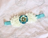 Ivory shabby chiffon and blue fabric flower headband for woman and teen girls