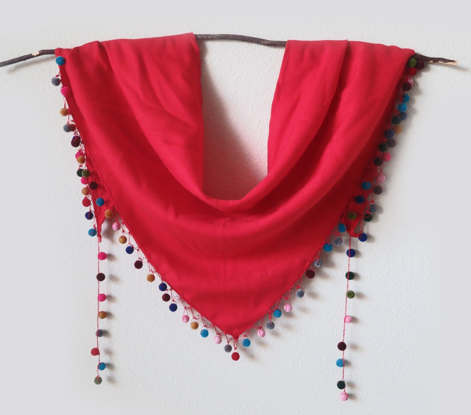 Christmas Red Scarf with Colorful Pompon