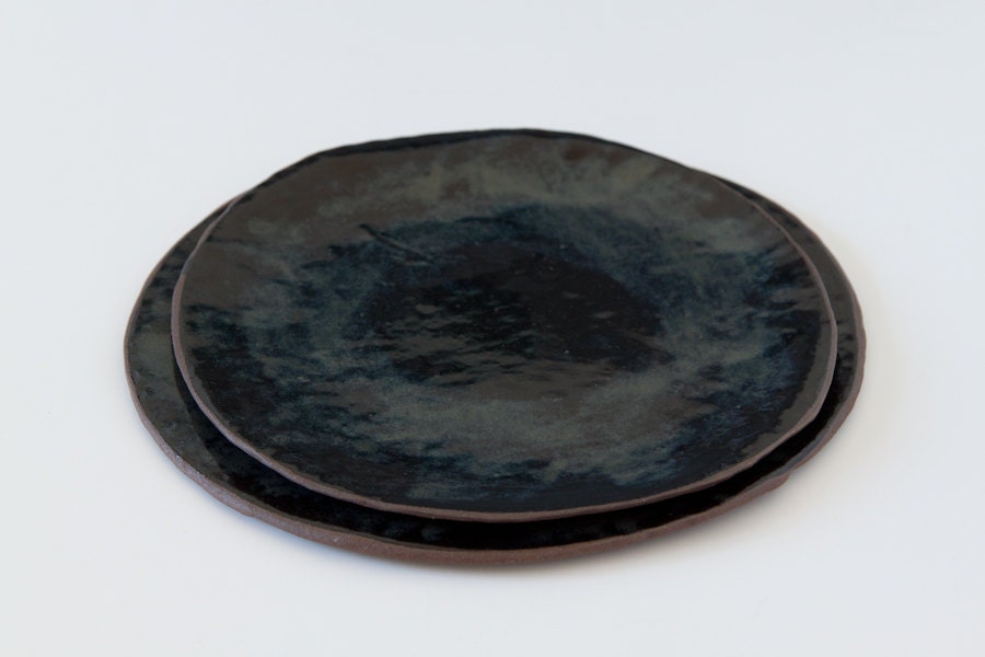 Set of 2 Black Glazed Brown Stoneware Plates