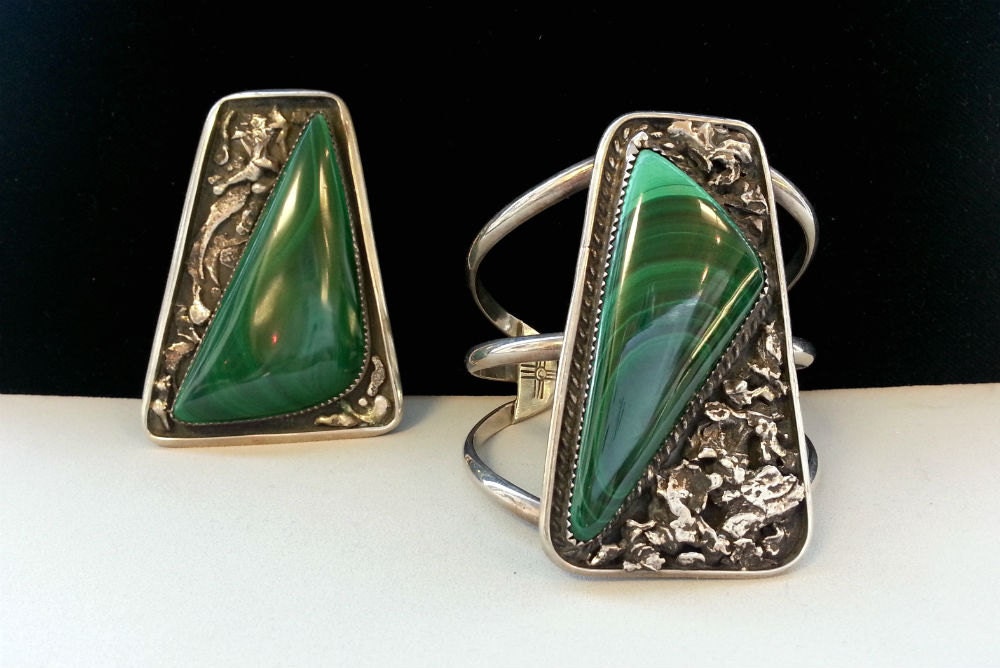 Large Vintage Sterling Silver Malachite Cuff Bracelet and Matching Pendant (Set of Two)