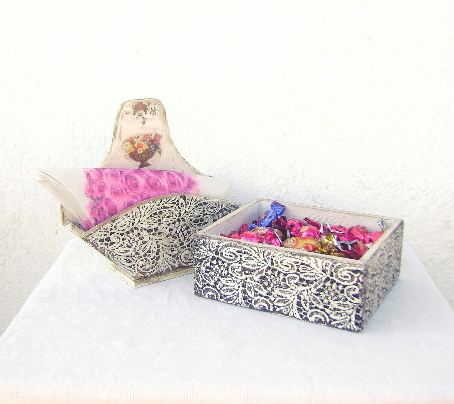 Set of  Wooden Napkins Holder and Candy Bar Box  Vintage Style Cottage chic Home Decor Country  Farmhouse