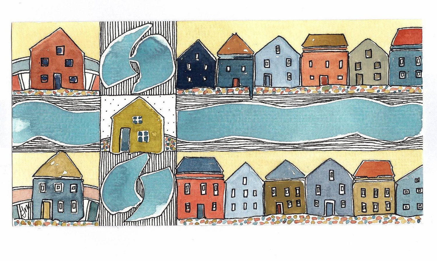 Original Art   "Seashore Houses"   Watercolor Painting   OOAK.