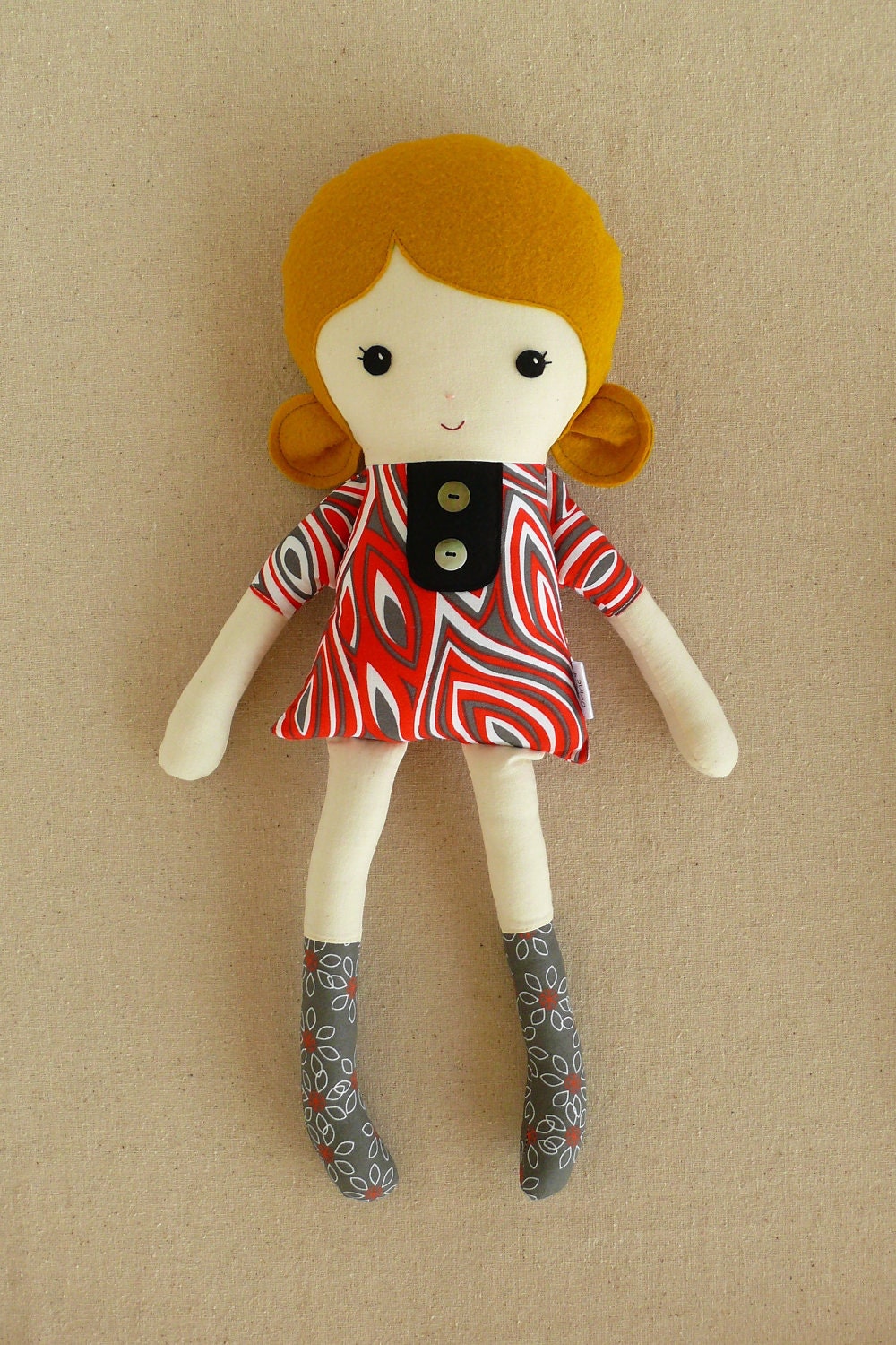 Fabric Doll Cloth Doll Rag Doll Girl with Red Swirl Dress