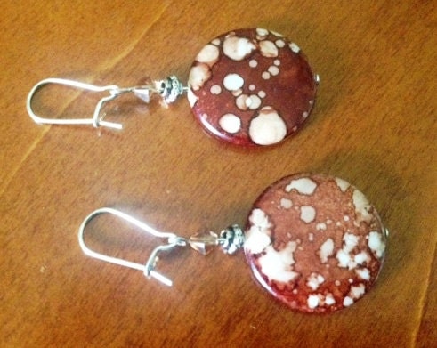 White speckled brown disc beaded earrings with silver kidney hooks