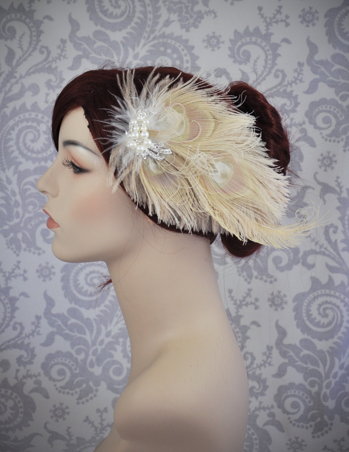 Champagne Bridal Hair Accessory, Bridal Feather Fascinator, Champagne Bridal Hair piece, Feather Hair Clip, Ivory Peacock feather, Champagne