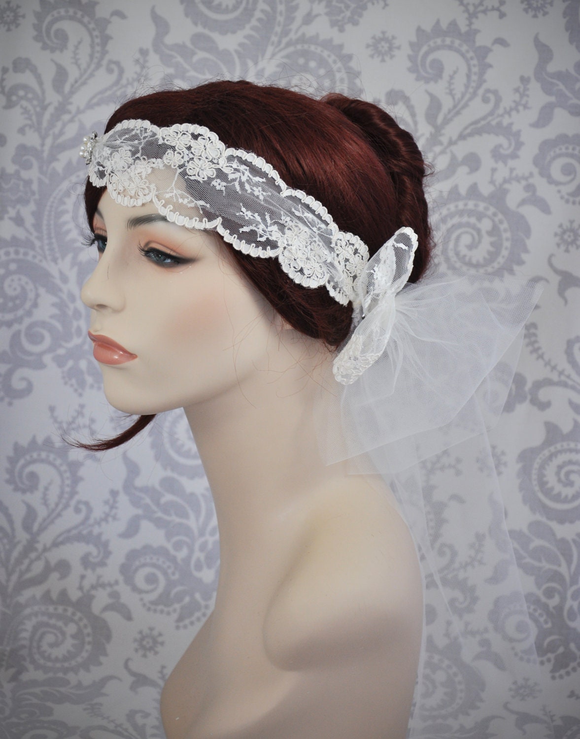 Lace Bridal Head Piece, Bohemian Bridal Accessory, Bridal Cap, Boho Veil, Lace Bridal Cap, Ivory bridal Headband, Ivory, White, Any Color