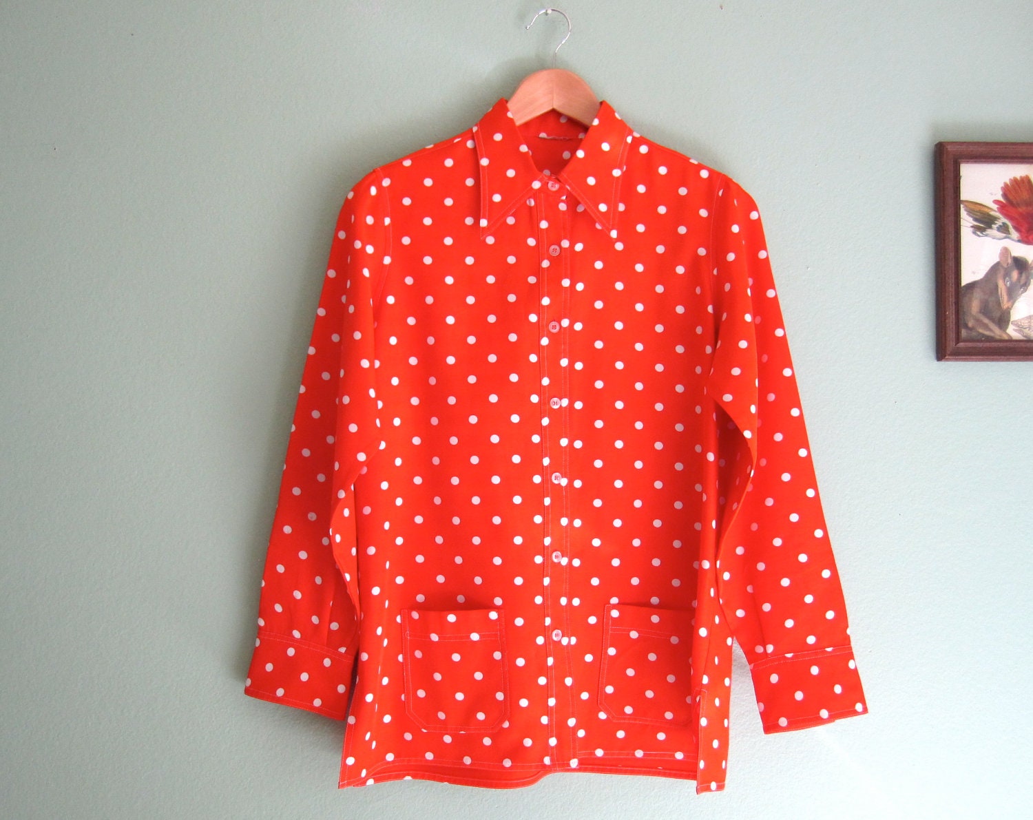 1970s blouse/ vintage polka dot shirt/ red and white polka dot long sleeve S-M