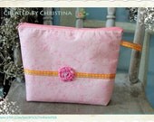 Medium Size Zippered Pouch - Pink Shimmer with Fabric Rose & Swarovski Crystal Center