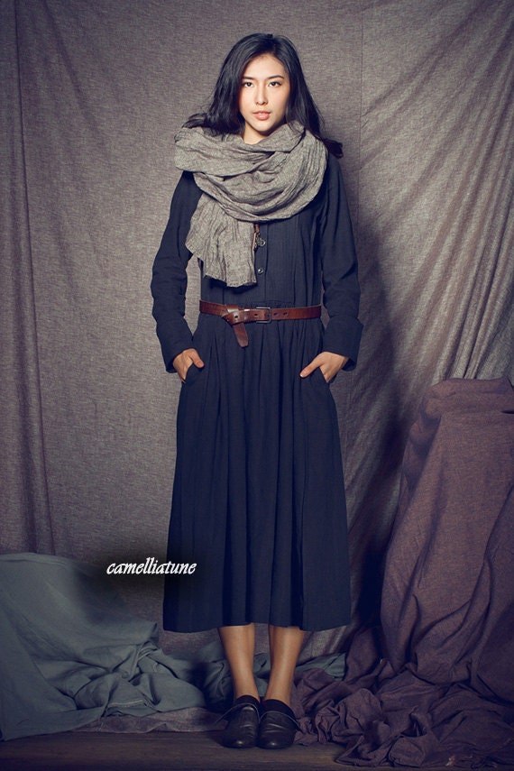Linen Winter Dress in Black / Long Pleated Dress Gown / Trenchcoat Dress Coat Dress Long Dress - Custom