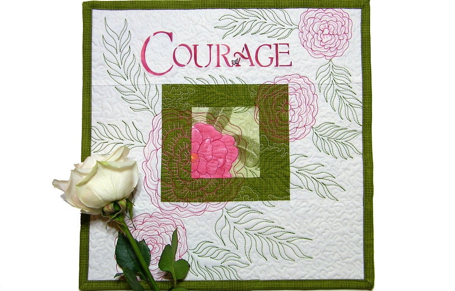 Courage Wall Hanging Quilt  Fiber Art  Pink and Green