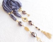 Grey Jewelry Scarf-Scarf Necklace-  Gold, Feminine, Handmade, OOAK, Valentines,