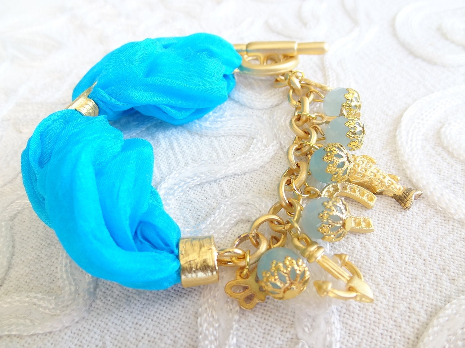 Turquoise  Turkish Silk Bracelet-Gold Plated Pisces Bracelet