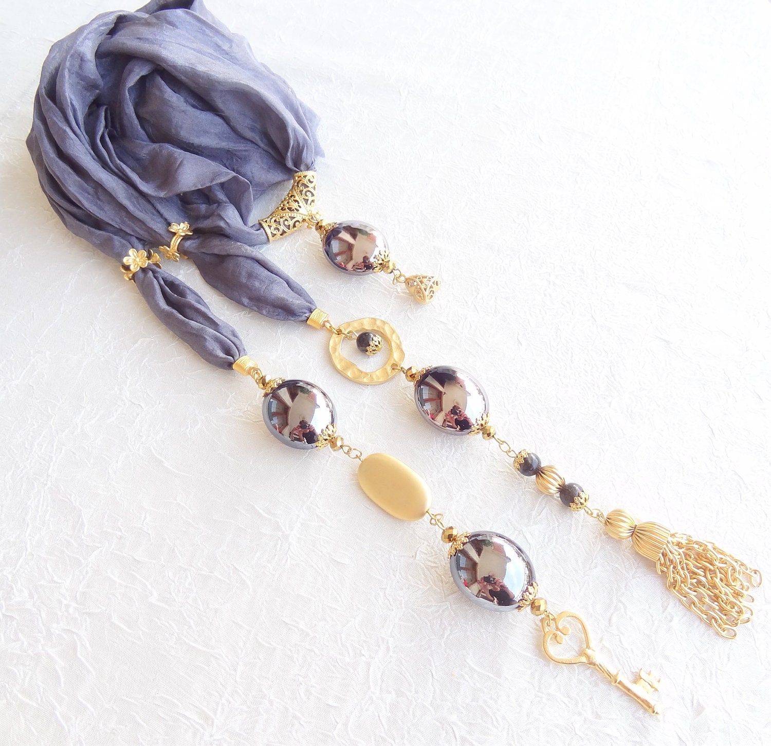 Grey Jewelry Scarf-Scarf Necklace-  Gold, Feminine, Handmade, OOAK, Valentines,