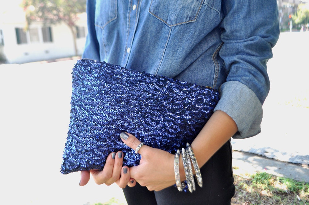 Zara Inspired, Blue, Navy Sequin Clutch Bag, Bridesmaid gift, Midnight Blue