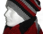Mens Gray Long Scarf Burgundy Black Solid Color Scarf with Matching Crochet Reversible Stripe Beanie