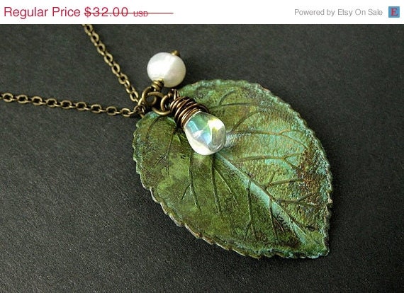 SUMMER SALE - Leaf Necklace Charm Necklace in Green with Wire Wrapped Teardrop and Fresh Water Pearl. Handmade Jewelry.