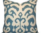 Ikat Decorative Pillow Cover - Suburban Fergana Ikat in Aqua Blue and Ivory - Throw Pillow - Accent Pillow