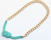 Gold Chunky Chain with mint - turquoise silk knot necklace - 24k gold plated - Statement bib