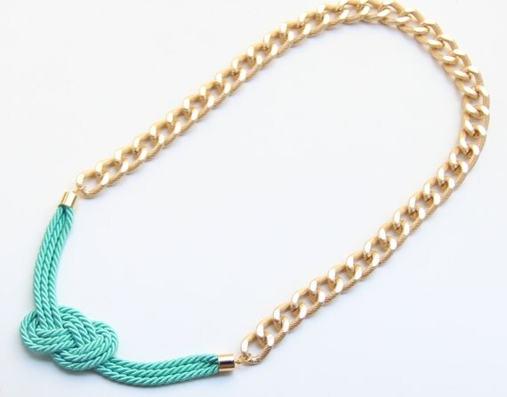 Gold Chunky Chain with mint - turquoise silk knot necklace - 24k gold plated - Statement bib