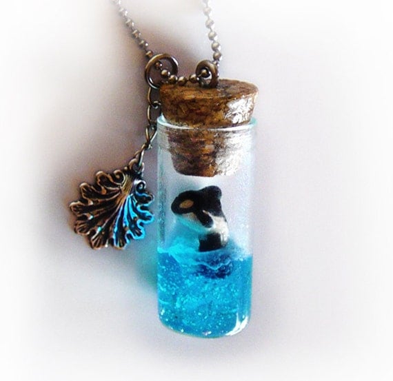 Orca whale in a bottle necklace, vial pendant, ocean in a bottle pendant