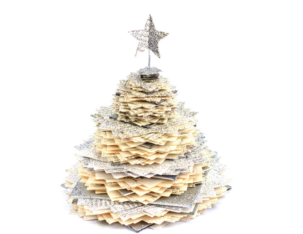 Christmas Decoration - Upcycled Book Page Tree - Silver Glitter, Cream and White Paper Holiday and Winter Decor