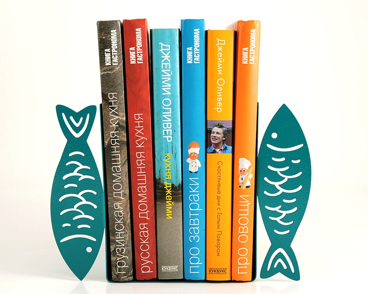 Bookends -Fish- laser cut for precision these turquoise bookends will hold your favorite cookbooks