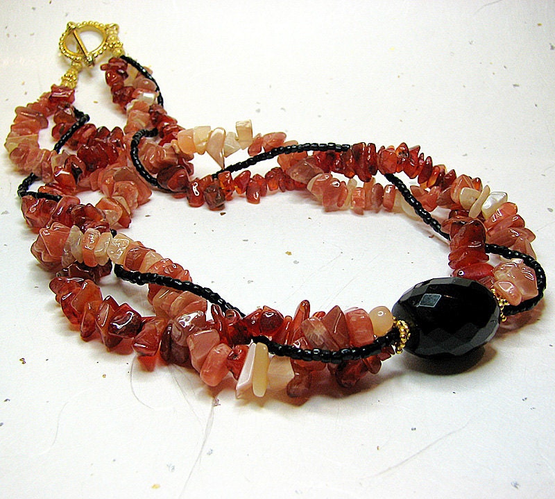 Multi strand statement necklace Black onyx necklace Rust peach gemstone necklace Gemstone jewelry Multistrand beaded jewelry