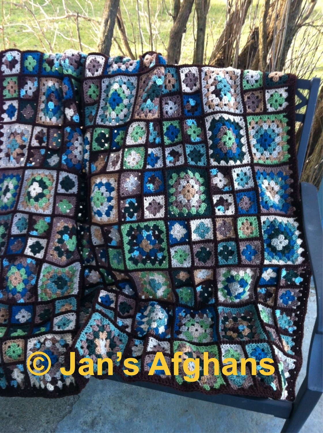 Crocheted afghan in shades of earth, sea, and sky, brown, green, blue, seafoam, teal, etc. with chocolate border--MADE to ORDER