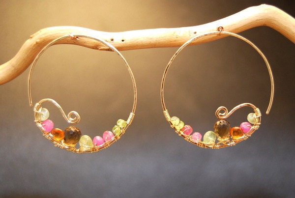 Cleopatra 98 Hoops with peridot, mandarin garnet, and ruby gemstones