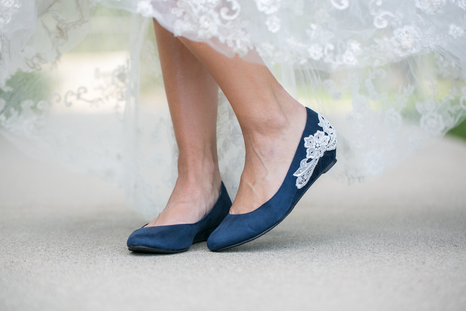Navy blue ballet flat/low wedge wedding shoes with ivory lace applique. US Size 8