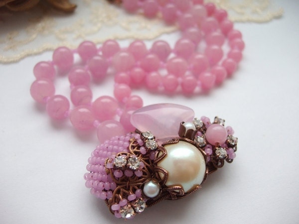 Pastel Pink Bracelet with Vintage Beads and Crystal Rhinestones Antique Copper Pink Opal Glass Handmade Beads Pastel Color
