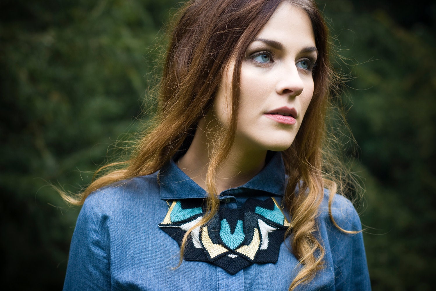 Ori - Knitted Statement Necklace, Sculptural Chevron knit in Teal, Charcoal, Silver and Gold